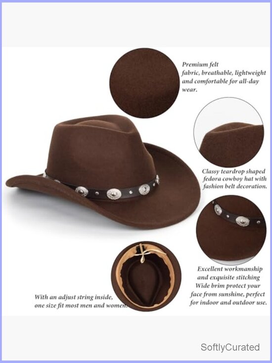 Felt Western Cowboy Hat Classic Roll Up Brim Belt Buckle Cowgirl Fedora